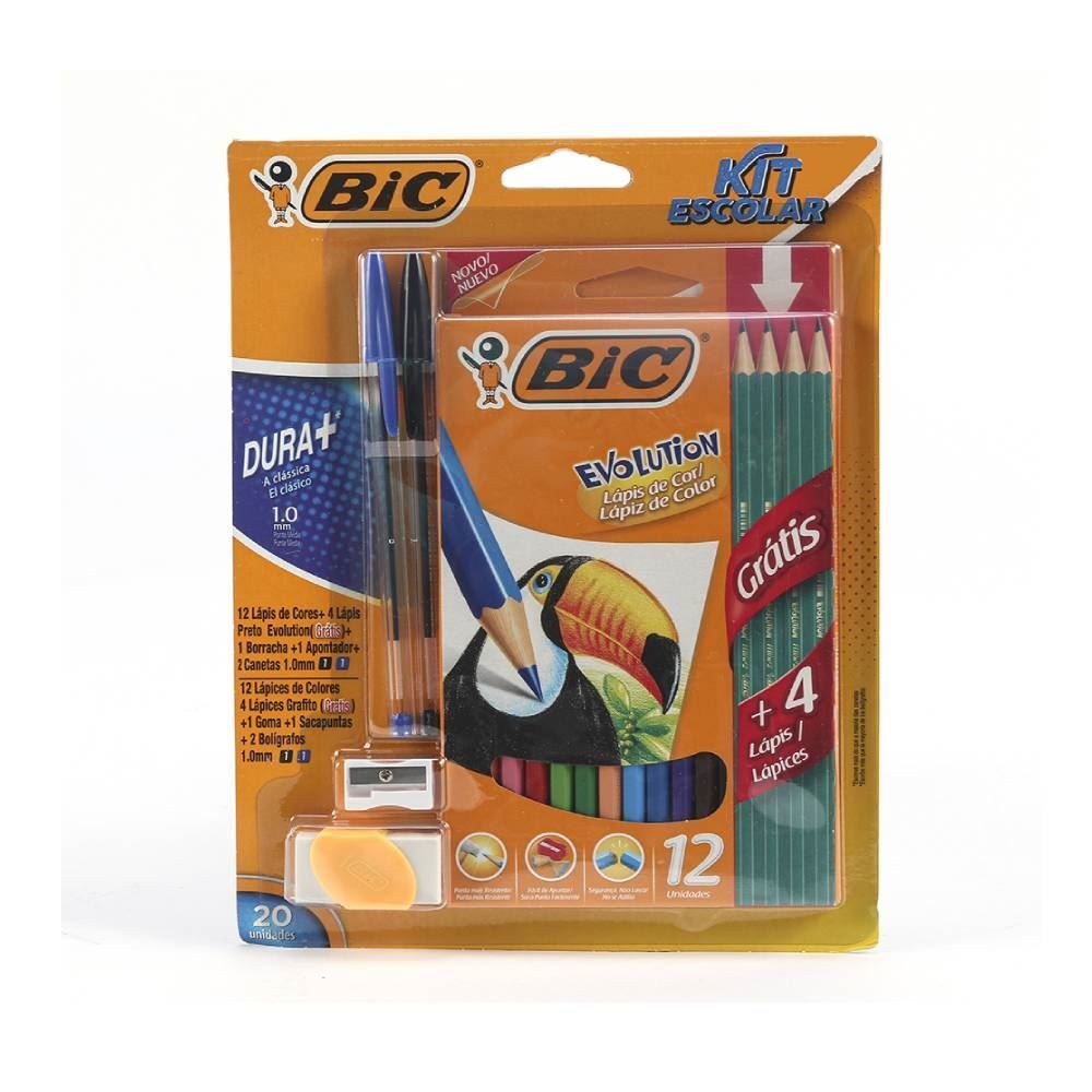 Kit Escolar Bic Com Lápis Cor + Caneta + Borracha + Apontador + Lápis - 20 Peças