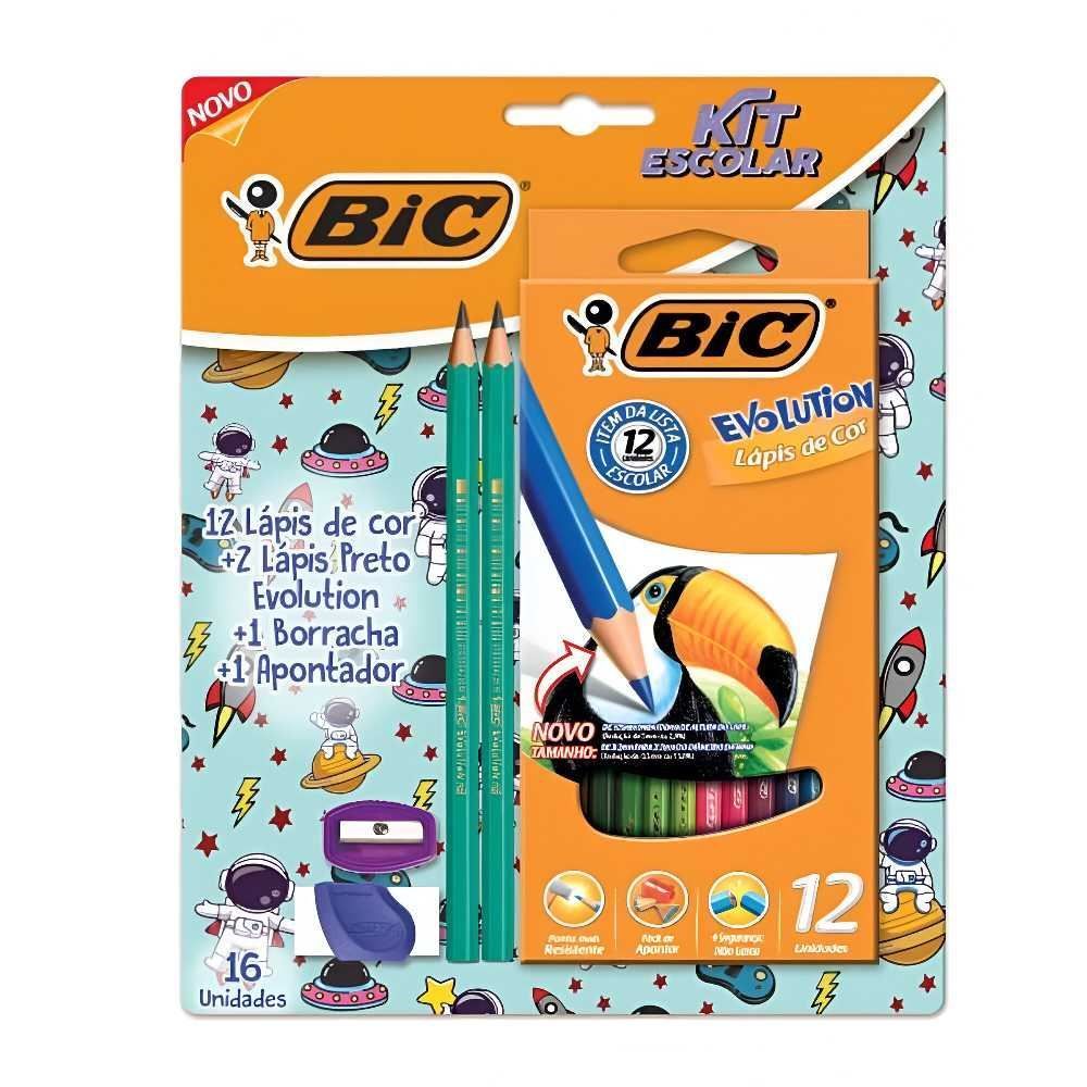 Kit Escolar Bic com Lápis de Cor + 2 Lápis Pretos + Apontador + Borracha - 524346