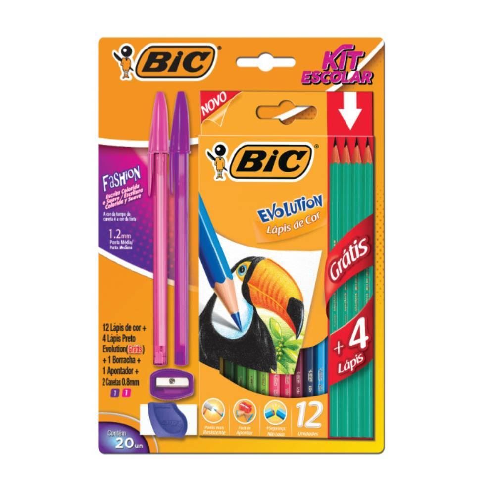 Kit Escolar Bic Com Lápis De Cor + Lápis Preto + Canetas + Borracha + Apontador - 20 Peças