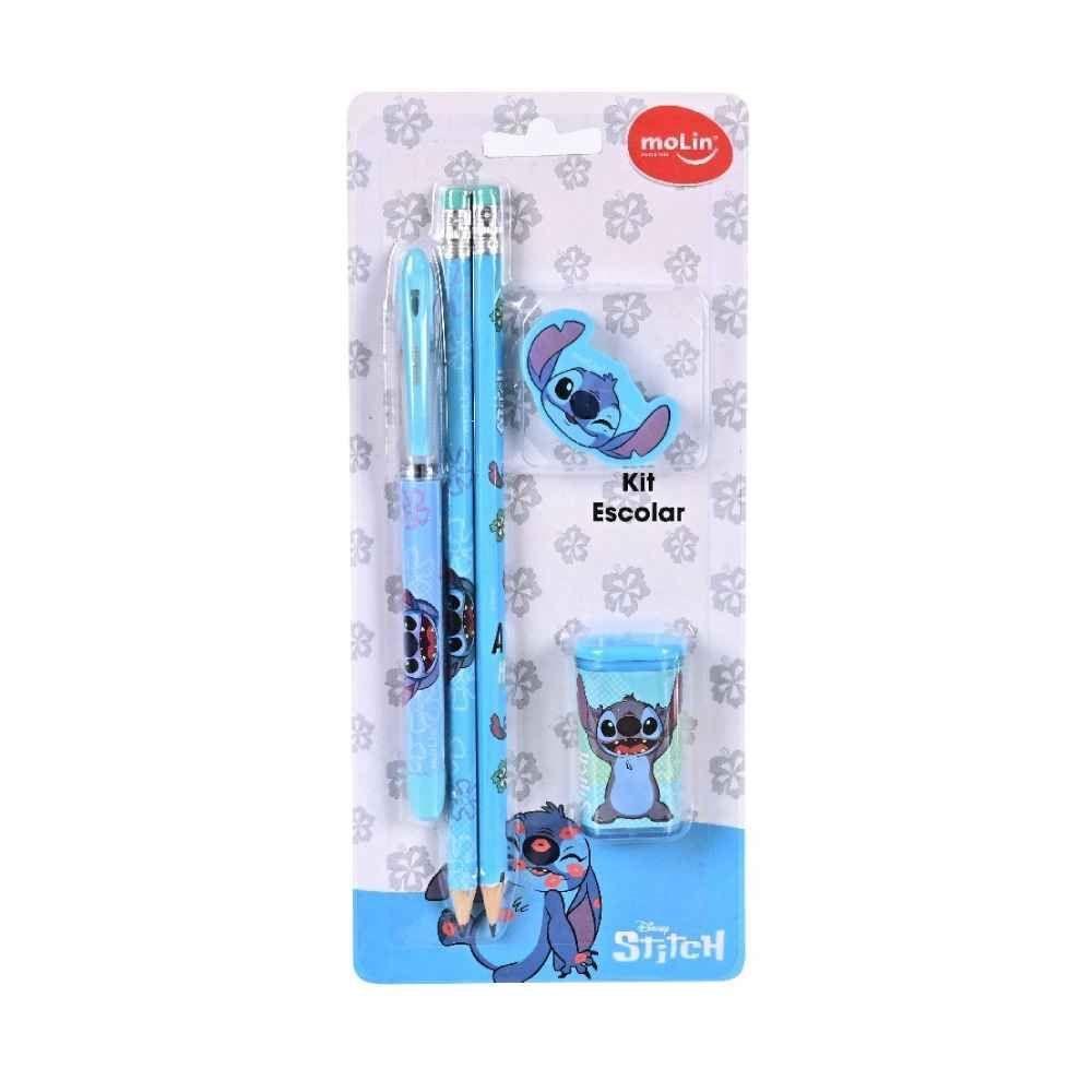 Kit Escolar Com 1 Caneta Esferográfica + 2 Lápis Pretos Hb + Borracha + 1 Apontador Com Depósito Stitch Molin - 5 Peças
