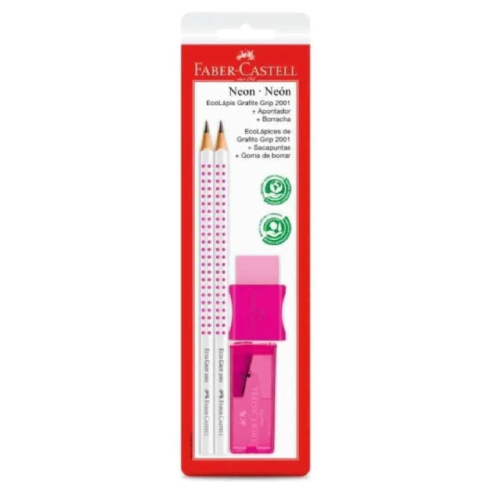 Kit Escolar Com Lápis De Escrever + Borracha + Apontador Faber Castell - Rosa