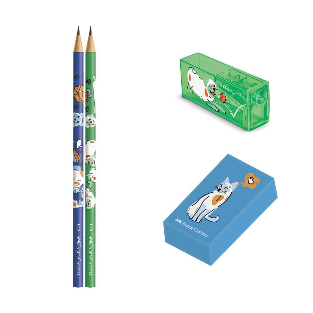 Kit Escolar Com Lápis Grafite + Apontador + Borracha - Verde/Azul