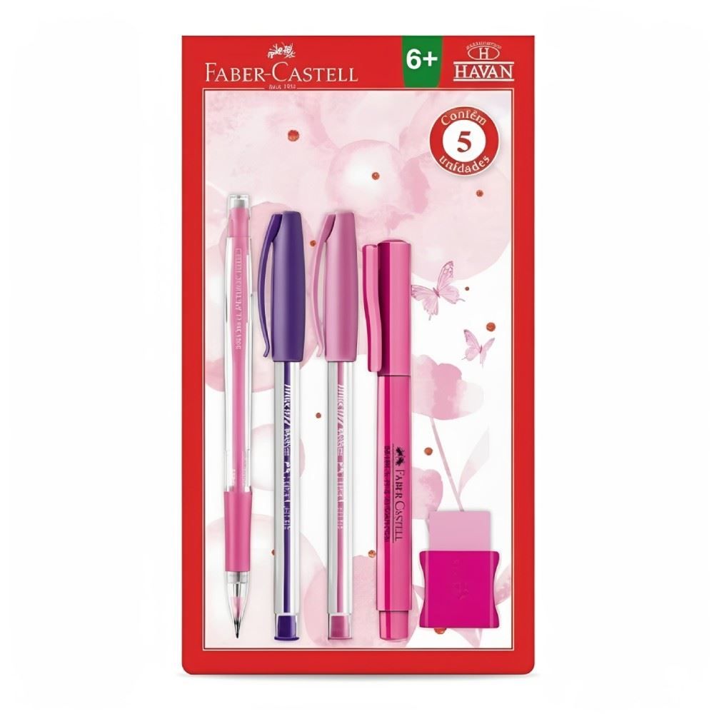 Kit Escolar com Lapiseira + Canetas + Caneta Marca Texto + Borracha Faber Castell - Rosa e Lilás