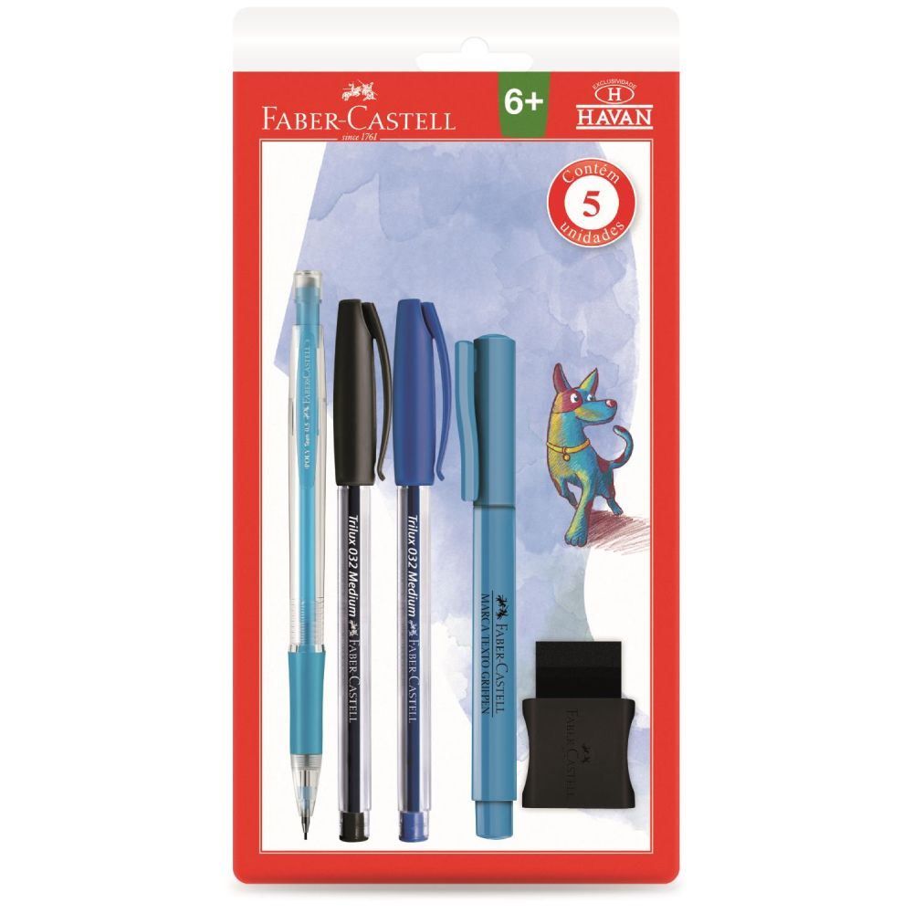 Kit Escolar Com Canetas + Lapiseira + Caneta Marca Texto + Borracha Faber Castell - Azul e Preto