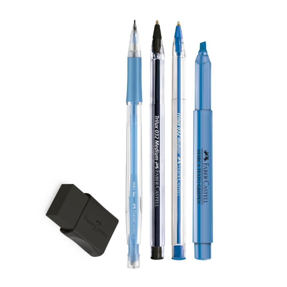 Kit Escolar Com Canetas + Lapiseira + Caneta Marca Texto + Borracha Faber Castell - Azul e Preto