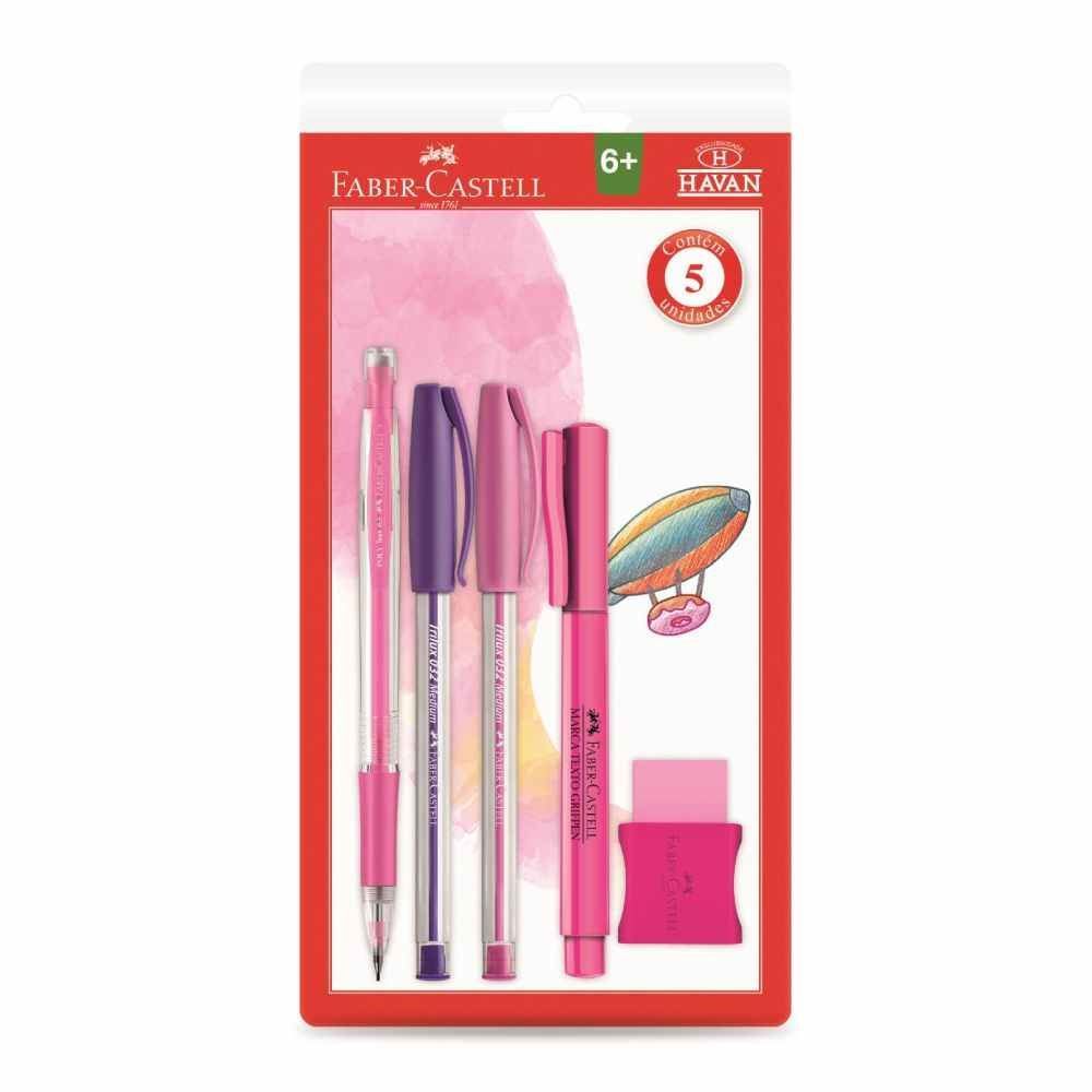 Kit Escolar Com Lapiseira + Canetas + Caneta Marca Texto + Borracha Faber Castell - Rosa e Lilás
