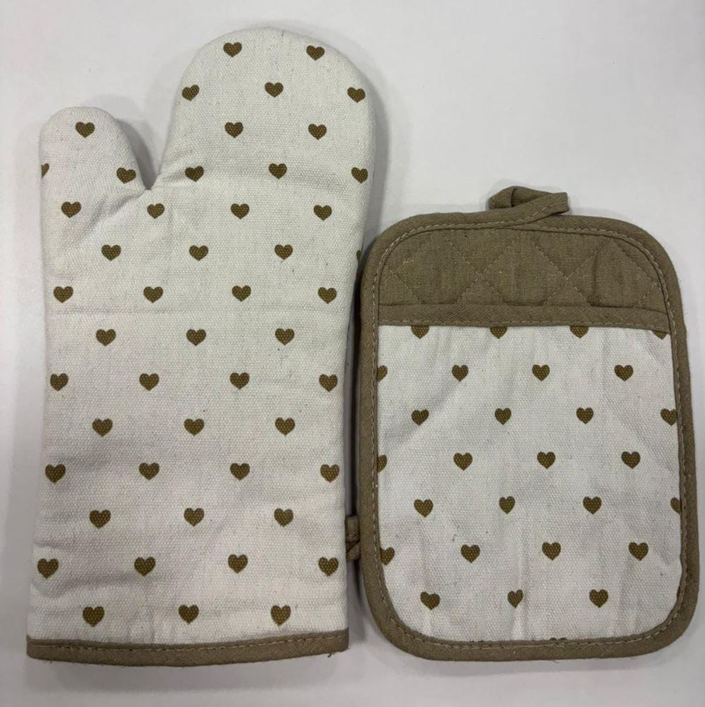Kit Luva 18Cmx33cm + Pegador 18Cmx23cm Estampado - CORACOES BEGE