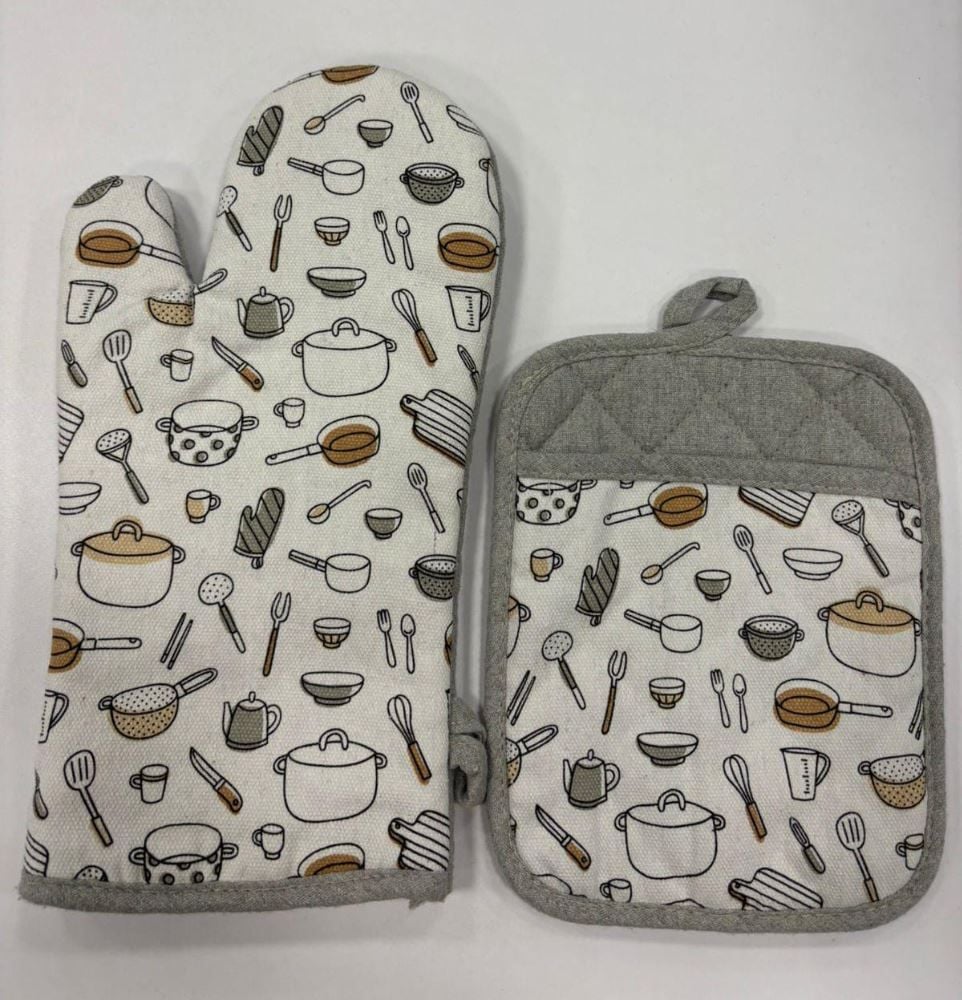 Kit Luva 18Cmx33cm + Pegador 18Cmx23cm Estampado - CINZA UTENSILIOS