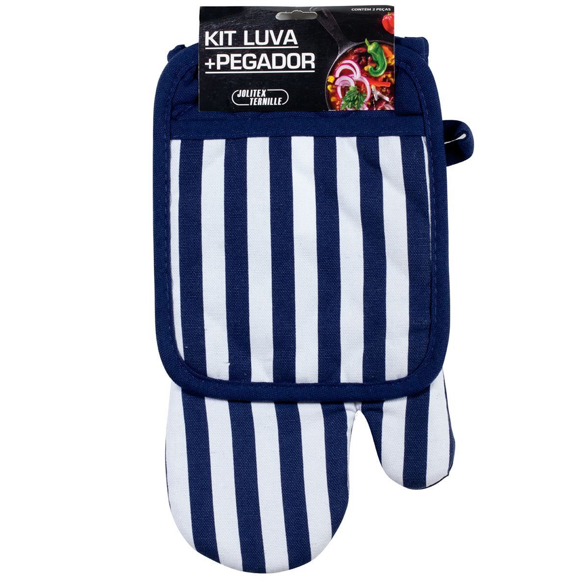 Kit Luva E Pegador De Panelas Jolitex - Listras Azul 