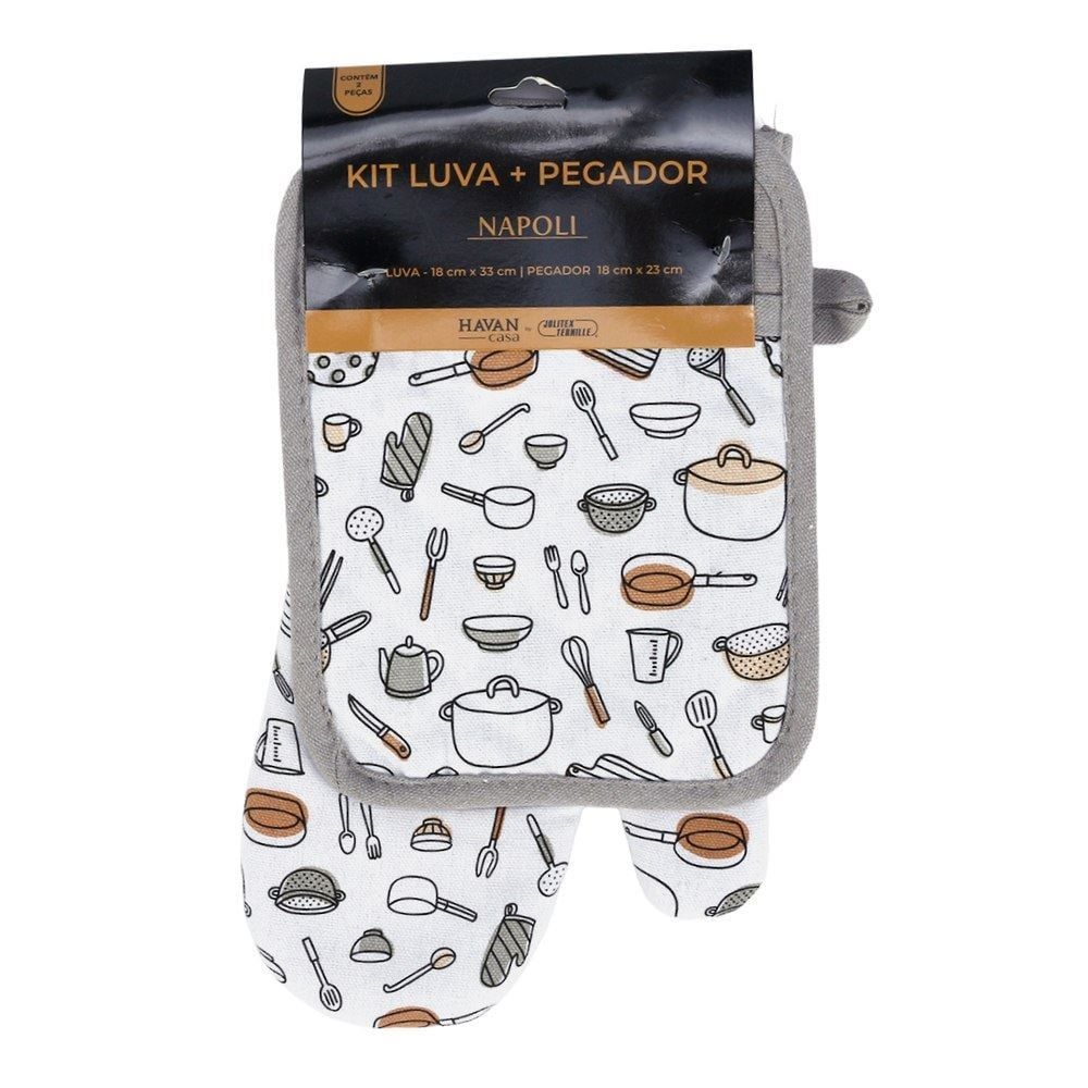 Kit Luva e Pegador de Panelas Napoli Jolitex - Cinza Utensílios