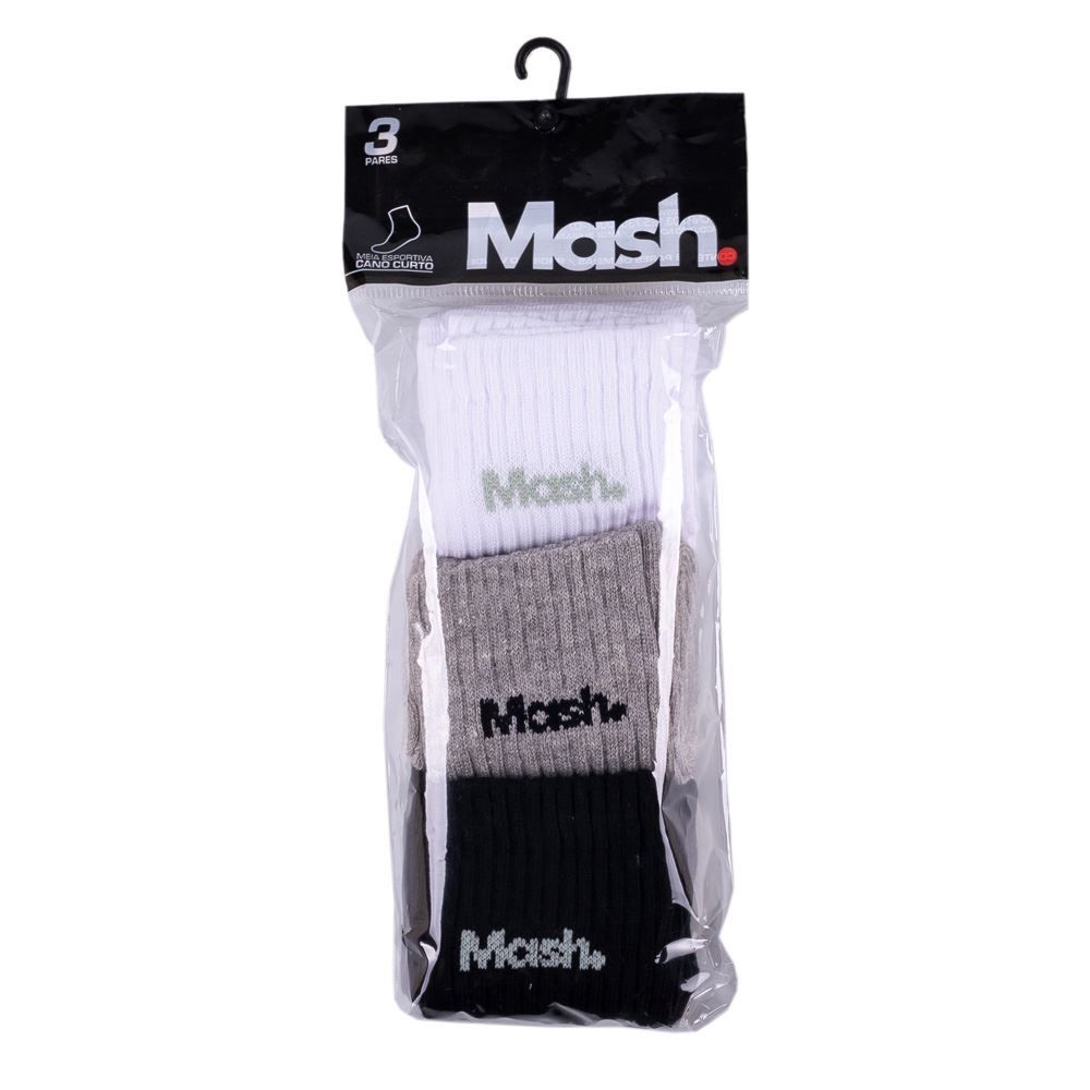 Kit Meia 03 Pares Cano Curto 39-43 Mash - Branco Cinza Preto
