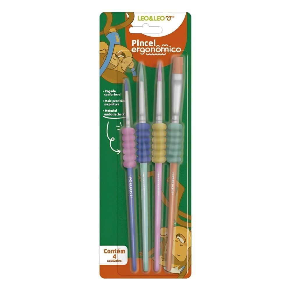 Kit Pincel Ergonômico com Borracha Leo&Leo - 4 Unidades