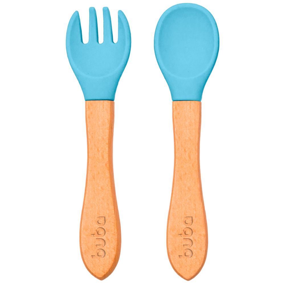 Kit Talheres Silicone E Bambu Buba - Azul Claro