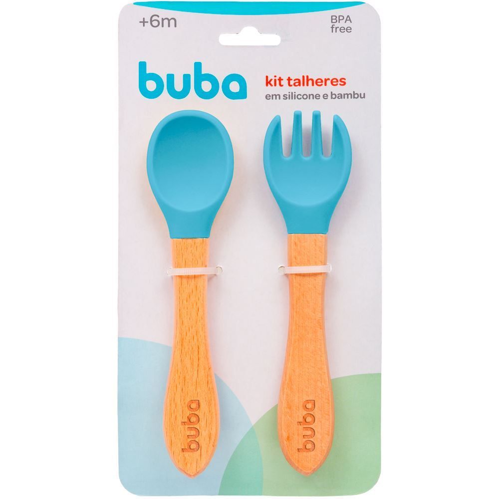 Kit Talheres Silicone E Bambu Buba - Azul Claro