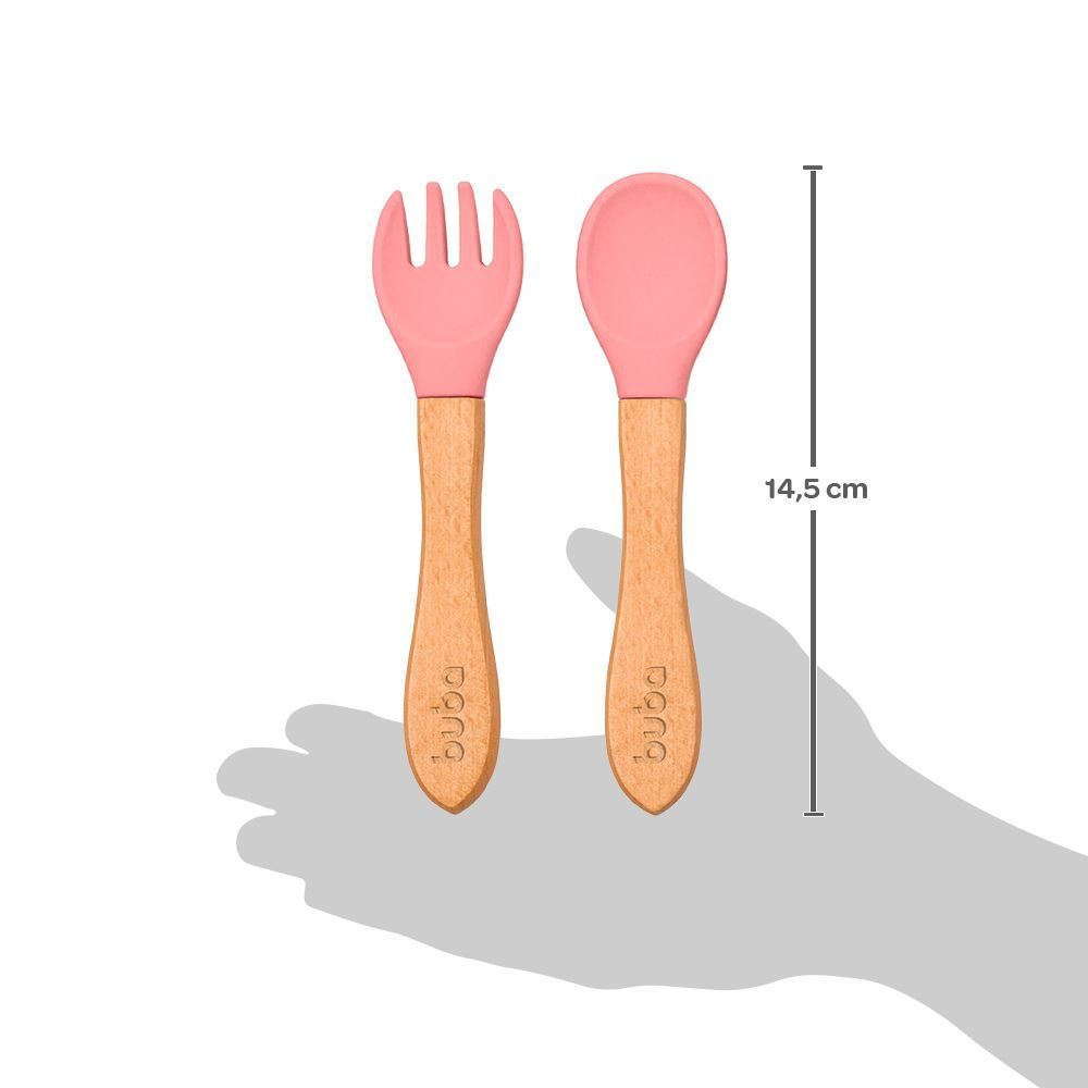 Kit Talheres Silicone E Bambu Buba - Rosa Claro