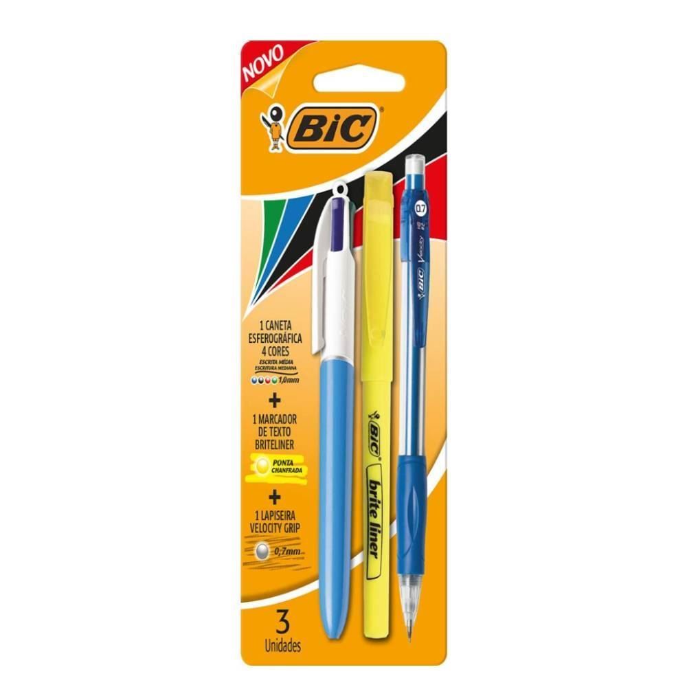 Kit Universitário Caneta 4 Cores Com Marca Texto E Lapiseira - 3 Peças