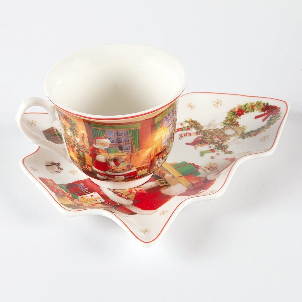 Kit Xícara Com Pires Pinheiro Natalino Dinatale - Colorido