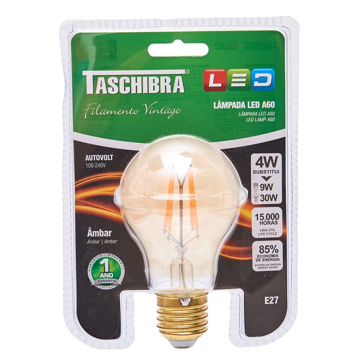 Lâmpada LED Filamento Vintage A60 4W Âmbar Taschibra - Bivolt