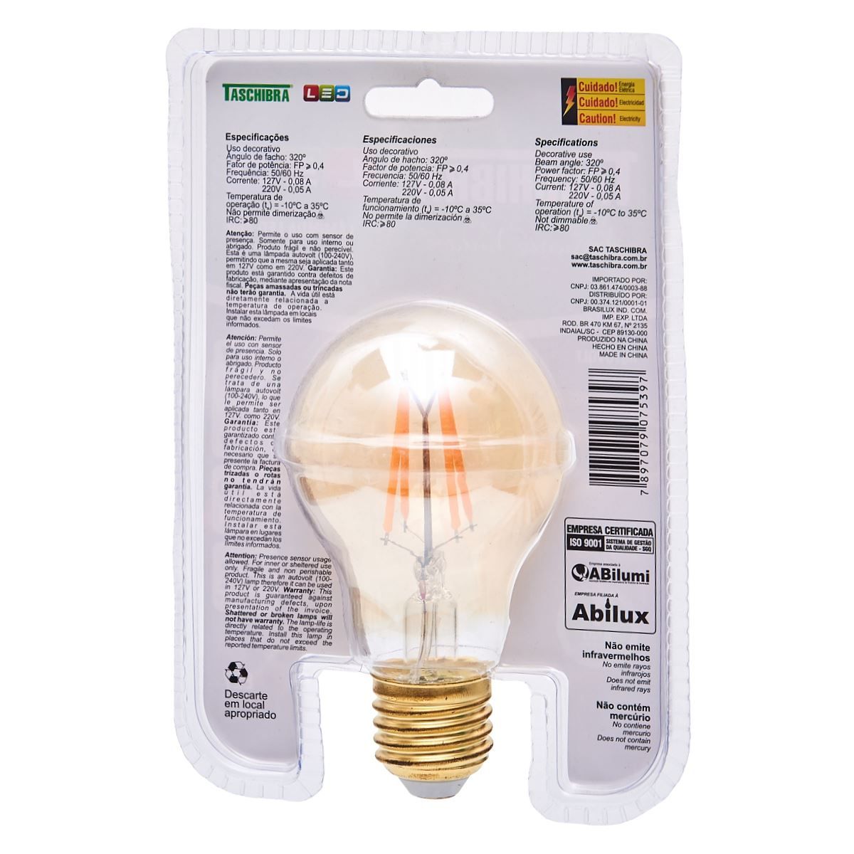 Lâmpada LED Filamento Vintage A60 4W Âmbar Taschibra - Bivolt