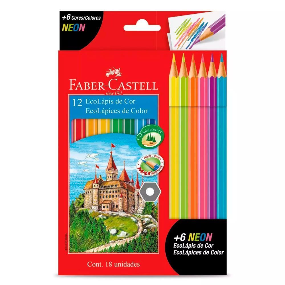 Lápis De Cor 12 Cores + 6 Lápis Neon Faber Castell - 18 Unidades