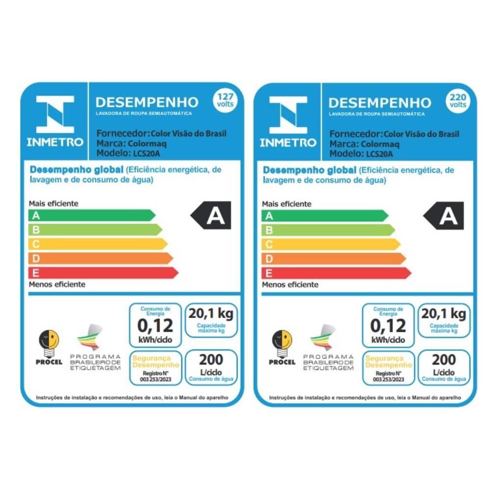 Lavadora de Roupa Tanquinho Colormaq 20Kg Semiautomática LCS20