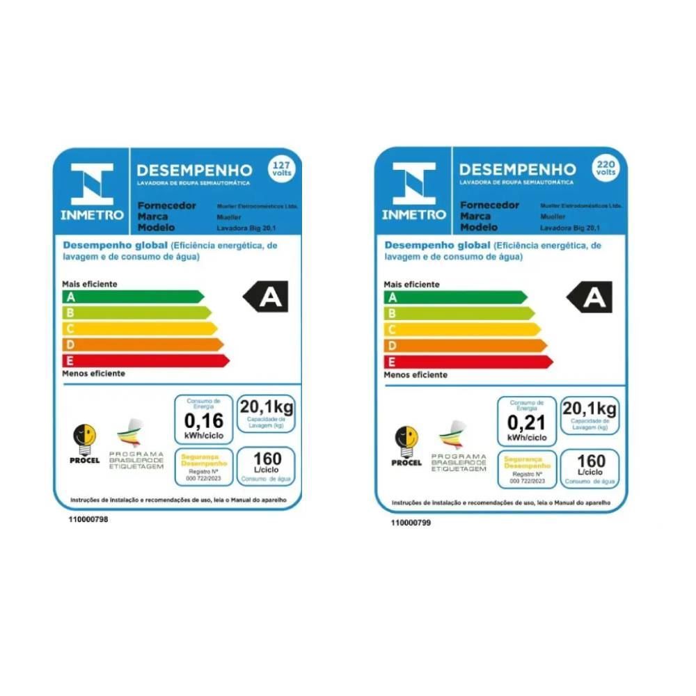 Lavadora de Roupa Tanquinho Semiautomático Mueller 20kg Big