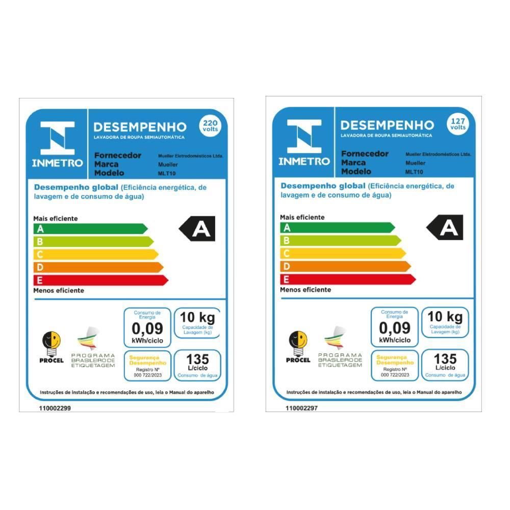 LAVADORA DE ROUPAS SEMIAUTOMÁTICA MUELLER MLT10B 10KG