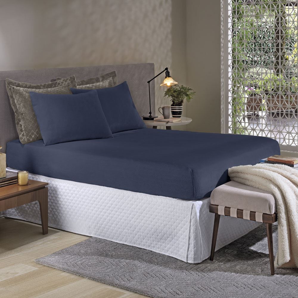 Lençol Avulso Casal com Elástico Plush Slip Havan Casa - Azul Indigo