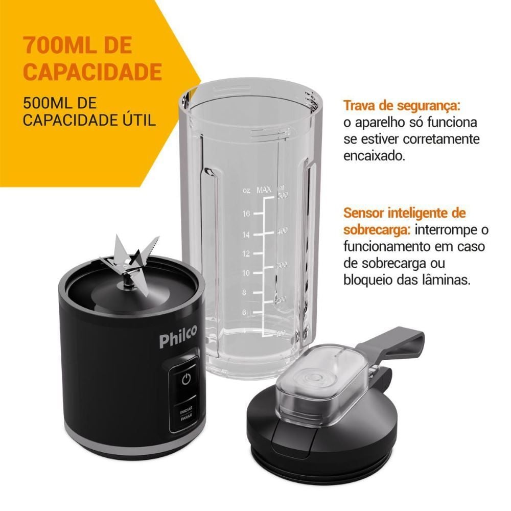 Liquidificador Portátil Philco 700Ml Sem Fio 120W Plq01a
