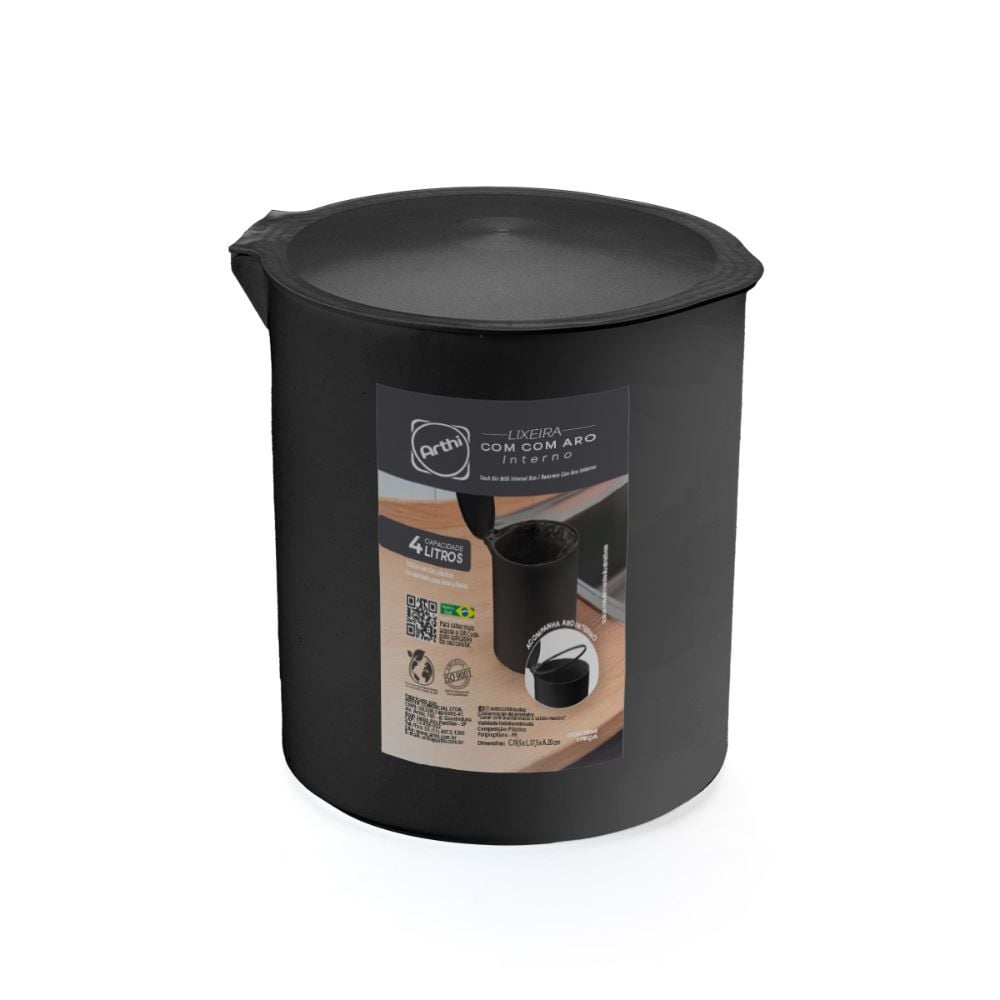Lixeira 4 Litros Com Aro Interno Black Arthi