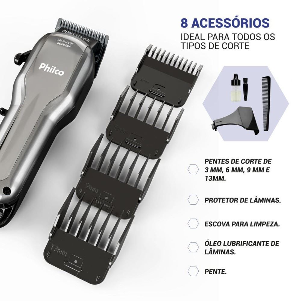Máquina de Cortar Cabelo Philco 8 Acessórios 10W Pcr07