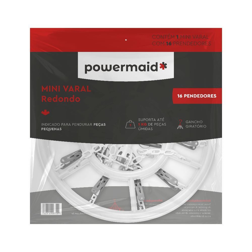 Mini Varal Redondo Powermaid 16 Prendedores Tam. Unico Branco C/ Cinza