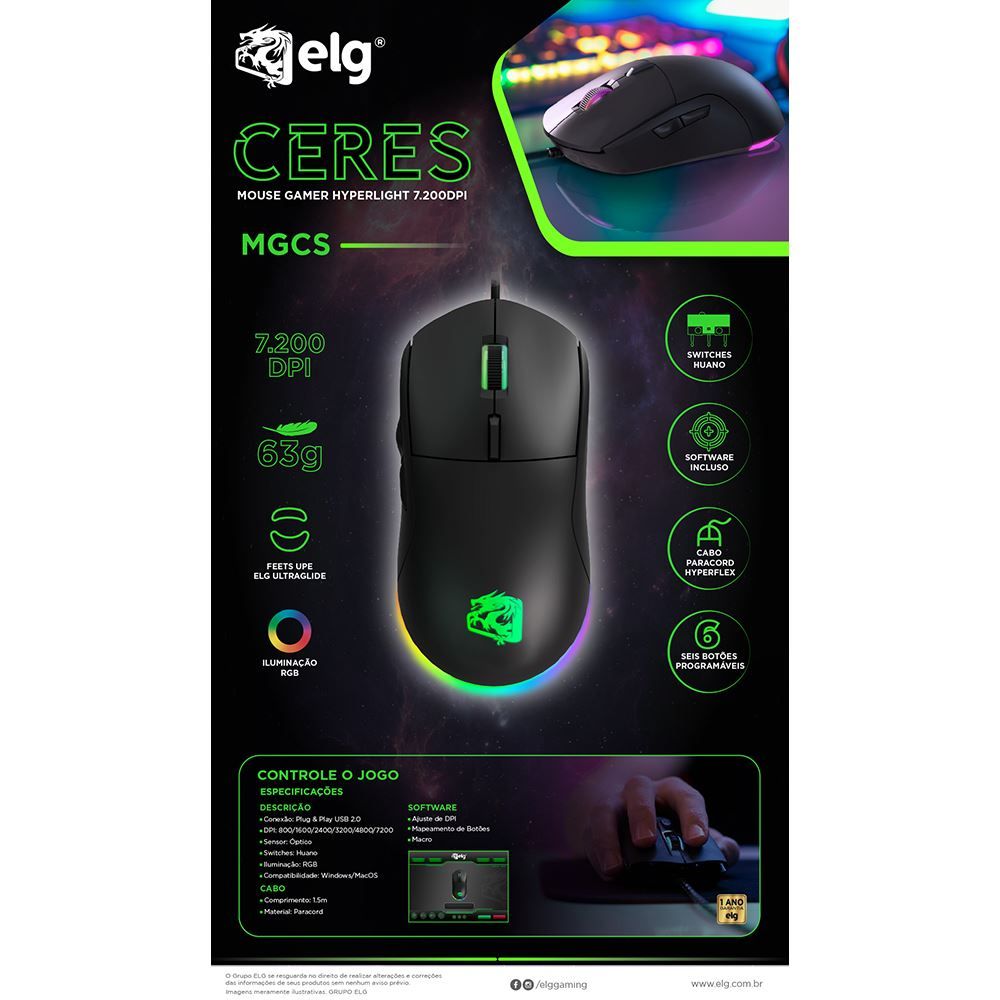 Mouse Gamer Elg Ceres Hyperlight Ultraleve Preto