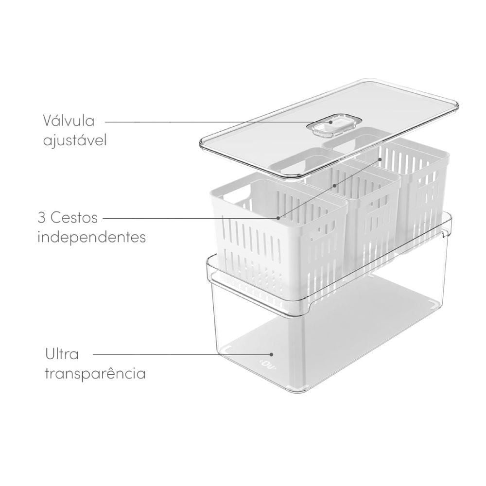 Organizador para Geladeira com 3 Cestos Clear Fresh Ou 5 Litros - Transparente e Branco