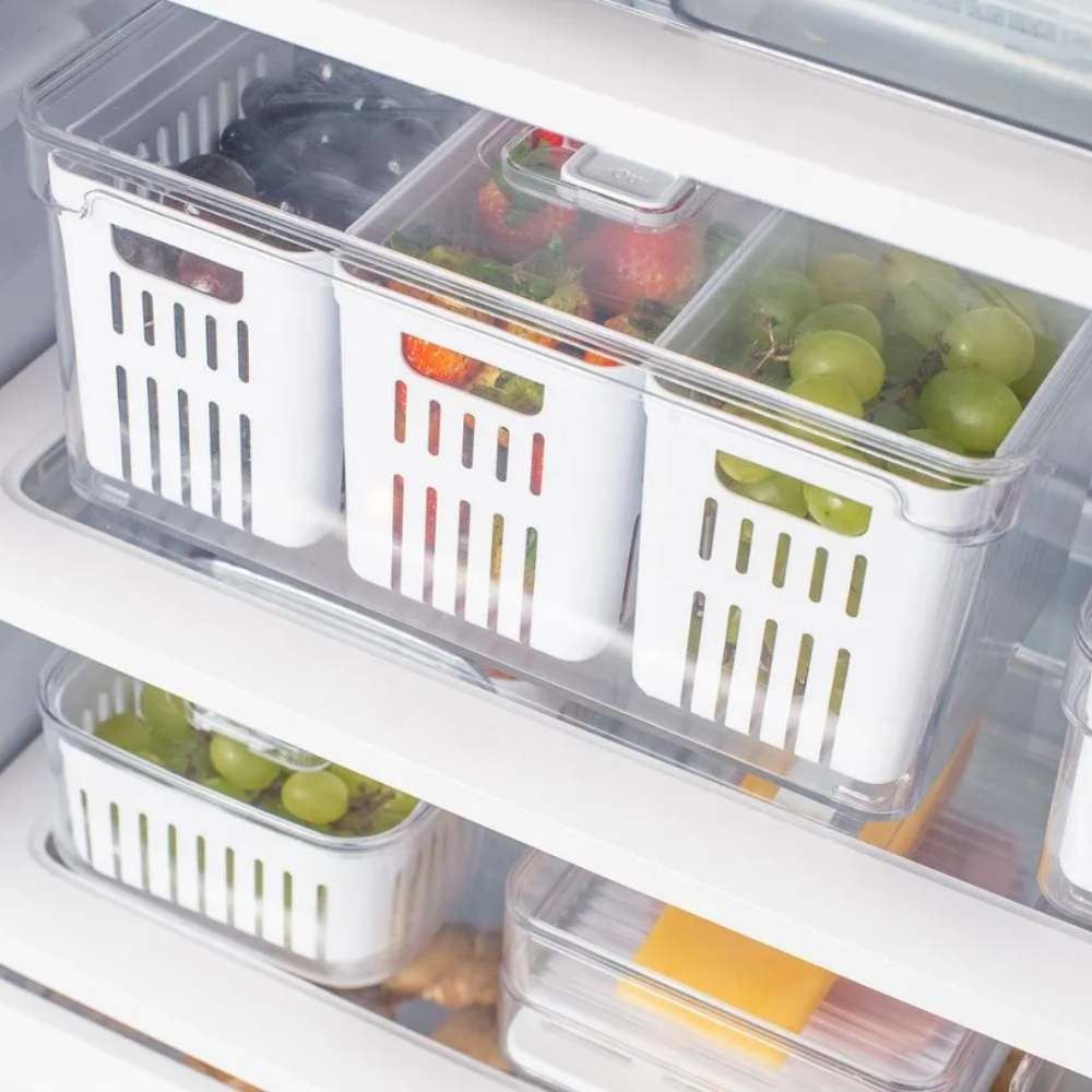 Organizador Para Geladeira Com 3 Cestos Clear Fresh Ou 5 Litros - Transparente e Branco