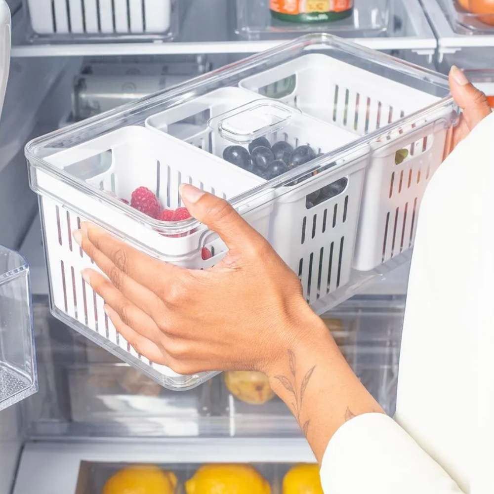 Organizador Para Geladeira Com 3 Cestos Clear Fresh Ou 5 Litros - Transparente e Branco
