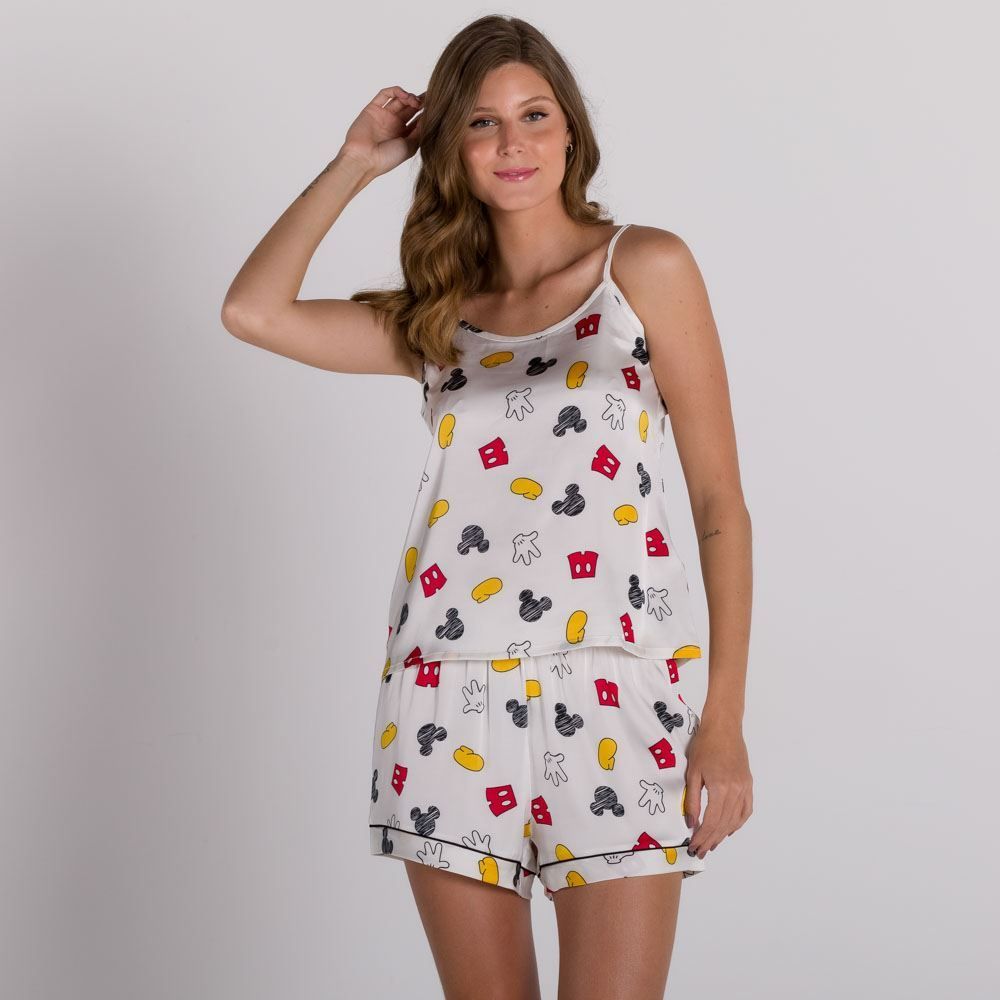 Pijama De Cetim Com Alça Estampa Ícones Mickey Disney 
