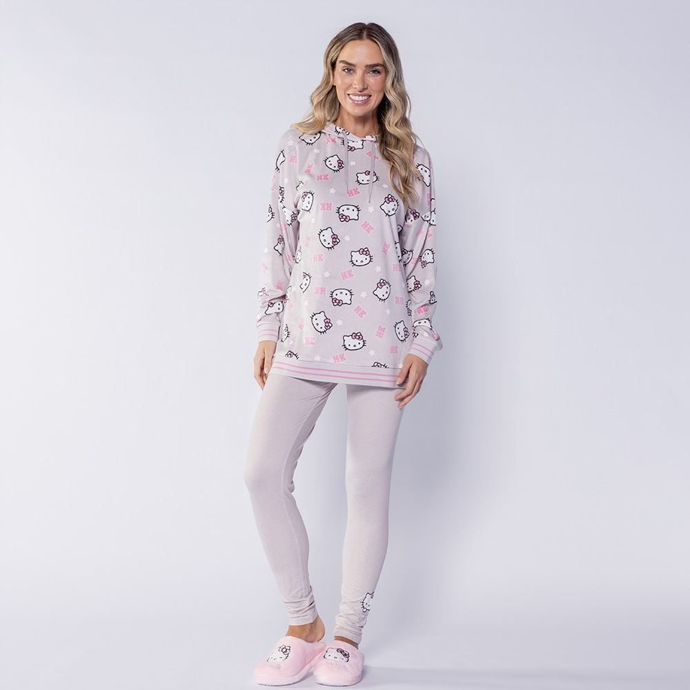 Pijama Feminino Longo Com Capuz Em Plush Sanrio