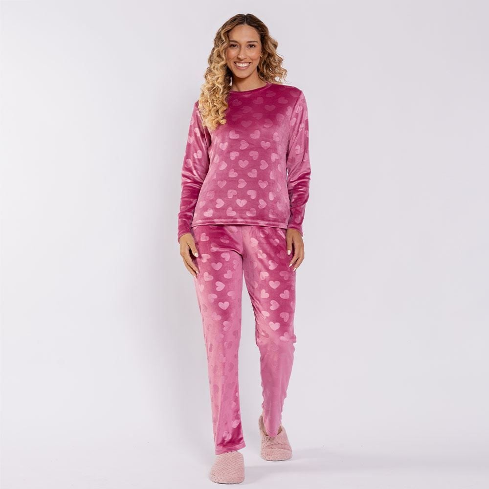 Pijama Feminino Longo Em Plush Corações Camila Moretti