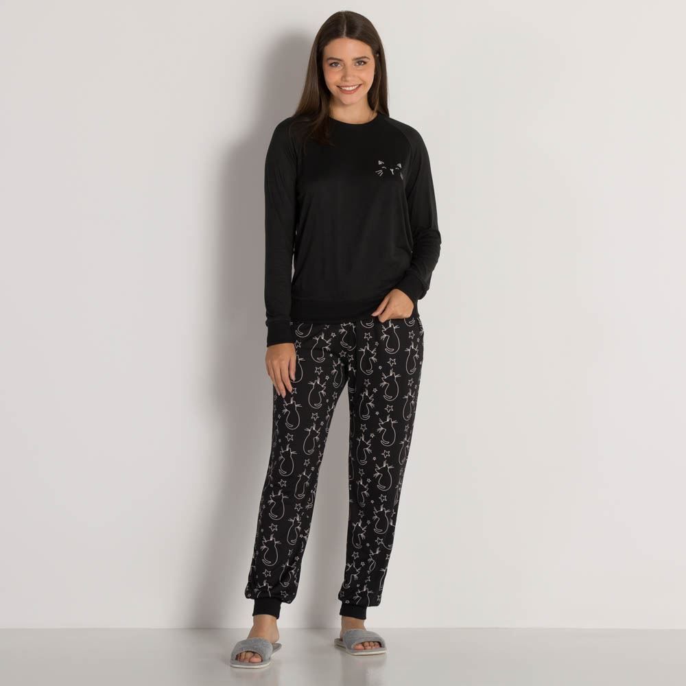 Pijama Longo Malha Peletizada Gato Camila Moretti