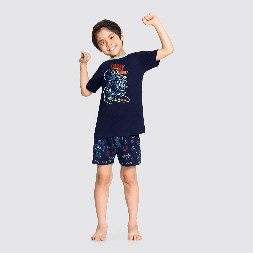 Pijama Manga Curta 4 a 10 Anos Estampa Robô Alakazoo