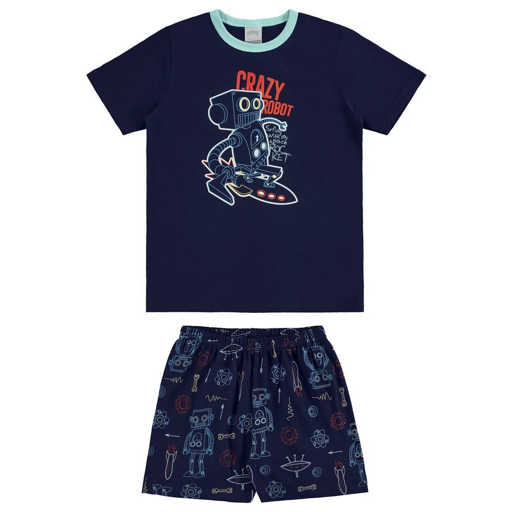 Pijama Manga Curta 4 a 10 Anos Estampa Robô Alakazoo
