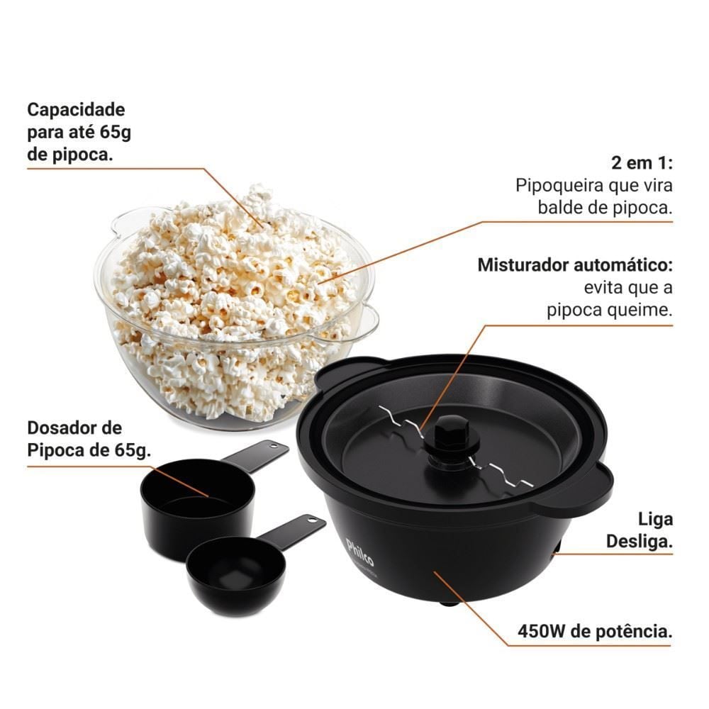 Pipoqueira Elétrica Philco 2 em 1 Antiaderente 65g PPIE03A