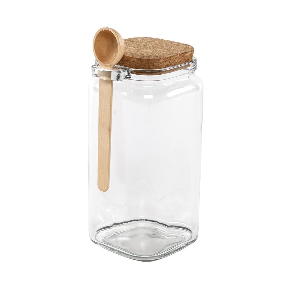 Pote De Vidro Quadrado Com Colher Bambu 1,15L - Transparente e Bambu