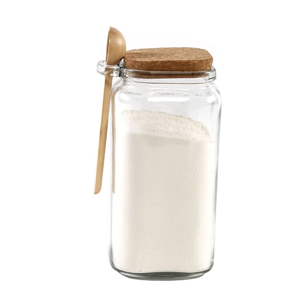 Pote De Vidro Quadrado Com Colher Bambu 1,15L - Transparente e Bambu