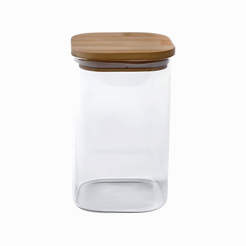 Pote de Vidro Quadrado com Tampa de Bambu Havan Casa 1,4L - Transparente e Bege Natural
