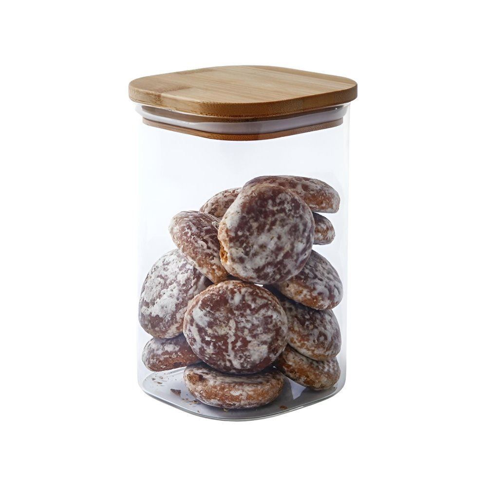 Pote de Vidro Quadrado com Tampa de Bambu Havan Casa 1,4L - Transparente e Bege Natural