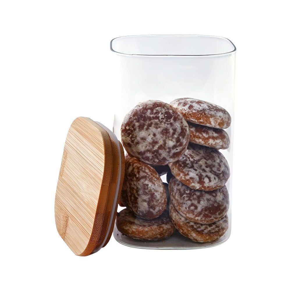 Pote de Vidro Quadrado com Tampa de Bambu Havan Casa 1,4L - Transparente e Bege Natural
