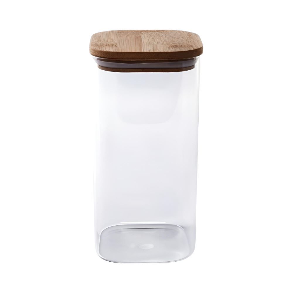 Pote de Vidro Quadrado com Tampa de Bambu Havan Casa 1,5L - Transparente e Bege Natural