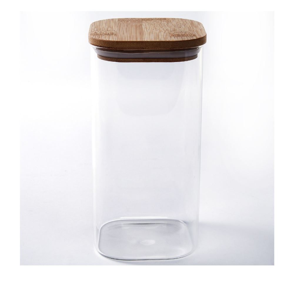 Pote De Vidro Quadrado Com Tampa De Bambu Havan Casa 1,5L - Transparente e Bege Natural